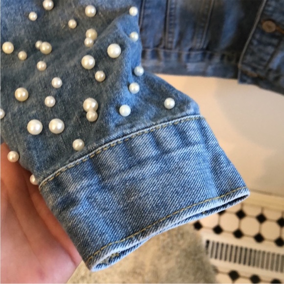 Live a Little Faux Pearl Studded Distressed Jean Jacket - Picture 6 of 7